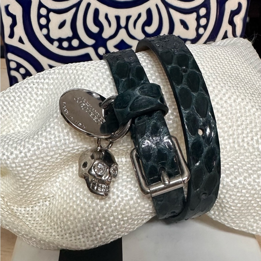 Alexander McQueen Dark Green Snake Skin Print Double Wrap Skull Bracelet
